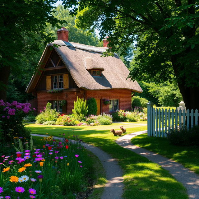 A charming quaint country house surrounded by lush greenery, with a thatched roof, flower-filled gardens, and a white picket fence