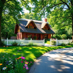 A charming quaint country house surrounded by lush greenery, with a thatched roof, flower-filled gardens, and a white picket fence