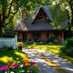 A charming quaint country house surrounded by lush greenery, with a thatched roof, flower-filled gardens, and a white picket fence