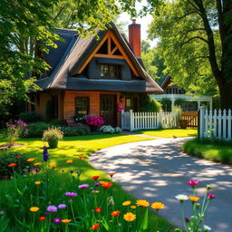 A charming quaint country house surrounded by lush greenery, with a thatched roof, flower-filled gardens, and a white picket fence