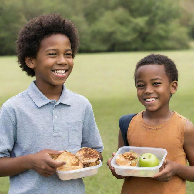 African American boy and Caucasian boy in a friendly exchange of food, emphasizing diversity, unity, and friendship. They are outdoors, both smiling, sharing from their respective lunchboxes.