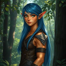 A tall forest elf standing gracefully among the trees, with striking blueberry-colored hair cascading down to their shoulders