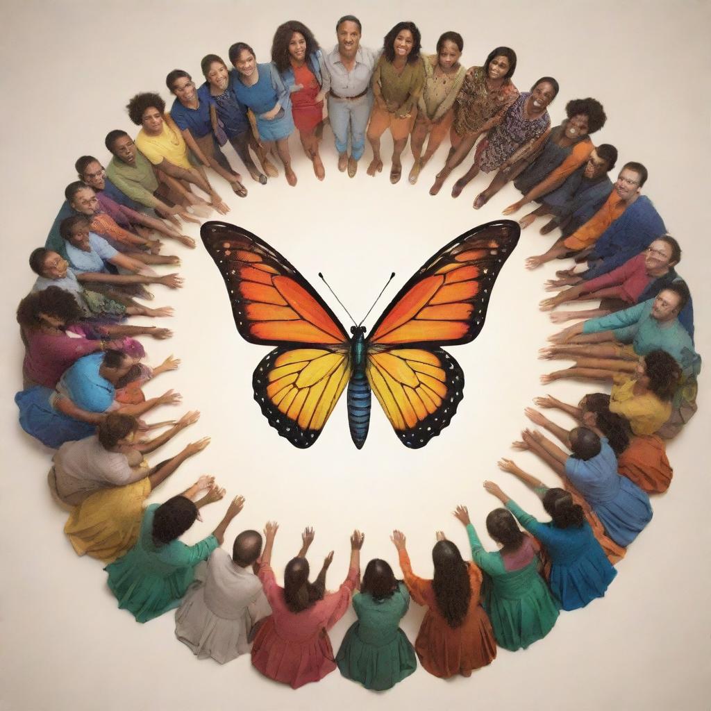 A circle of diverse individuals in a social gathering, in the center of which forms a vibrant butterfly holding a shining, powerful trident.