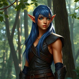 A tall forest elf standing gracefully among the trees, with striking blueberry-colored hair cascading down to their shoulders