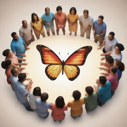 A circle of diverse individuals in a social gathering, in the center of which forms a vibrant butterfly holding a shining, powerful trident.