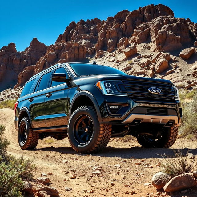 A powerful Ford Expedition Tremor parked on a rugged mountain trail, showcasing its bold and aggressive design