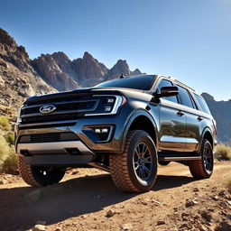 A powerful Ford Expedition Tremor parked on a rugged mountain trail, showcasing its bold and aggressive design