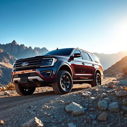 A powerful Ford Expedition Tremor parked on a rugged mountain trail, showcasing its bold and aggressive design