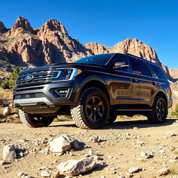 A powerful Ford Expedition Tremor parked on a rugged mountain trail, showcasing its bold and aggressive design