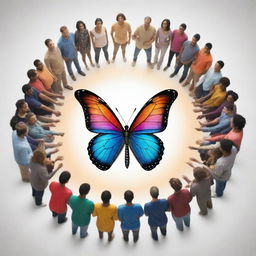 A circle of diverse individuals in a social gathering, in the center of which forms a vibrant butterfly holding a shining, powerful trident.