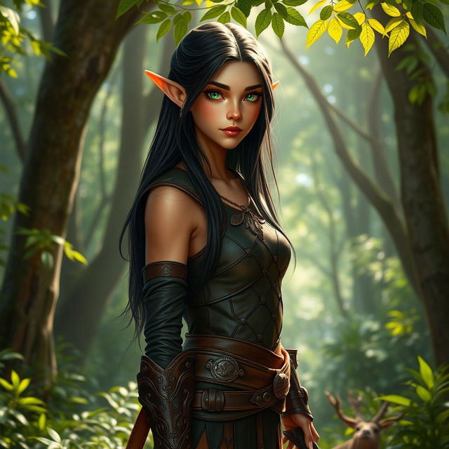 A tall forest elf standing elegantly in a serene forest setting, showcasing dark hair that flows down their shoulders