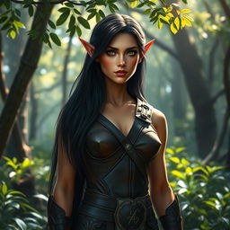 A tall forest elf standing elegantly in a serene forest setting, showcasing dark hair that flows down their shoulders