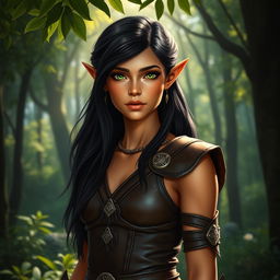 A tall forest elf standing elegantly in a serene forest setting, showcasing dark hair that flows down their shoulders