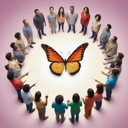 A circle of diverse individuals in a social gathering, in the center of which forms a vibrant butterfly holding a shining, powerful trident.