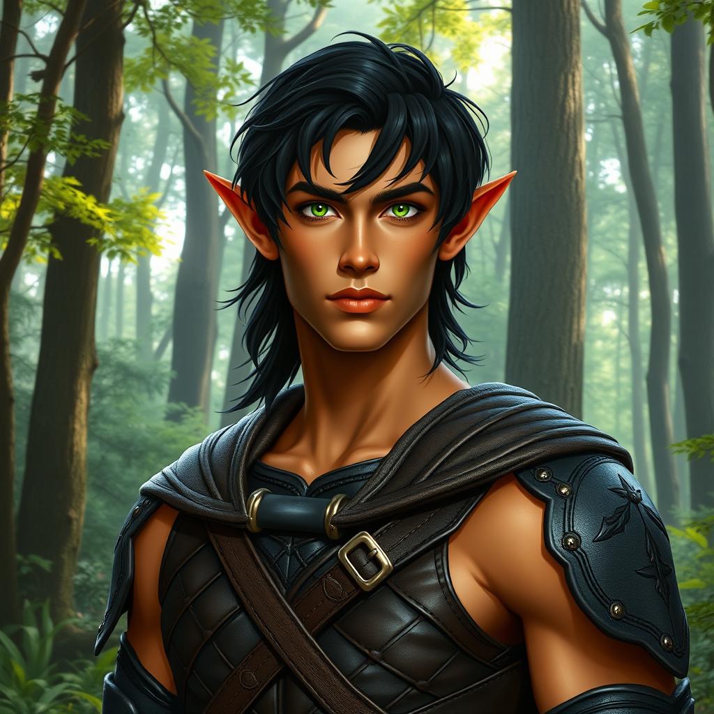 A striking male forest elf, standing tall at 1