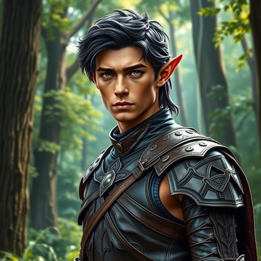 A striking male forest elf, standing tall at 1