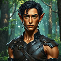 A striking male forest elf, standing tall at 1