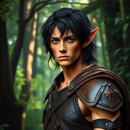 A striking male forest elf, standing tall at 1