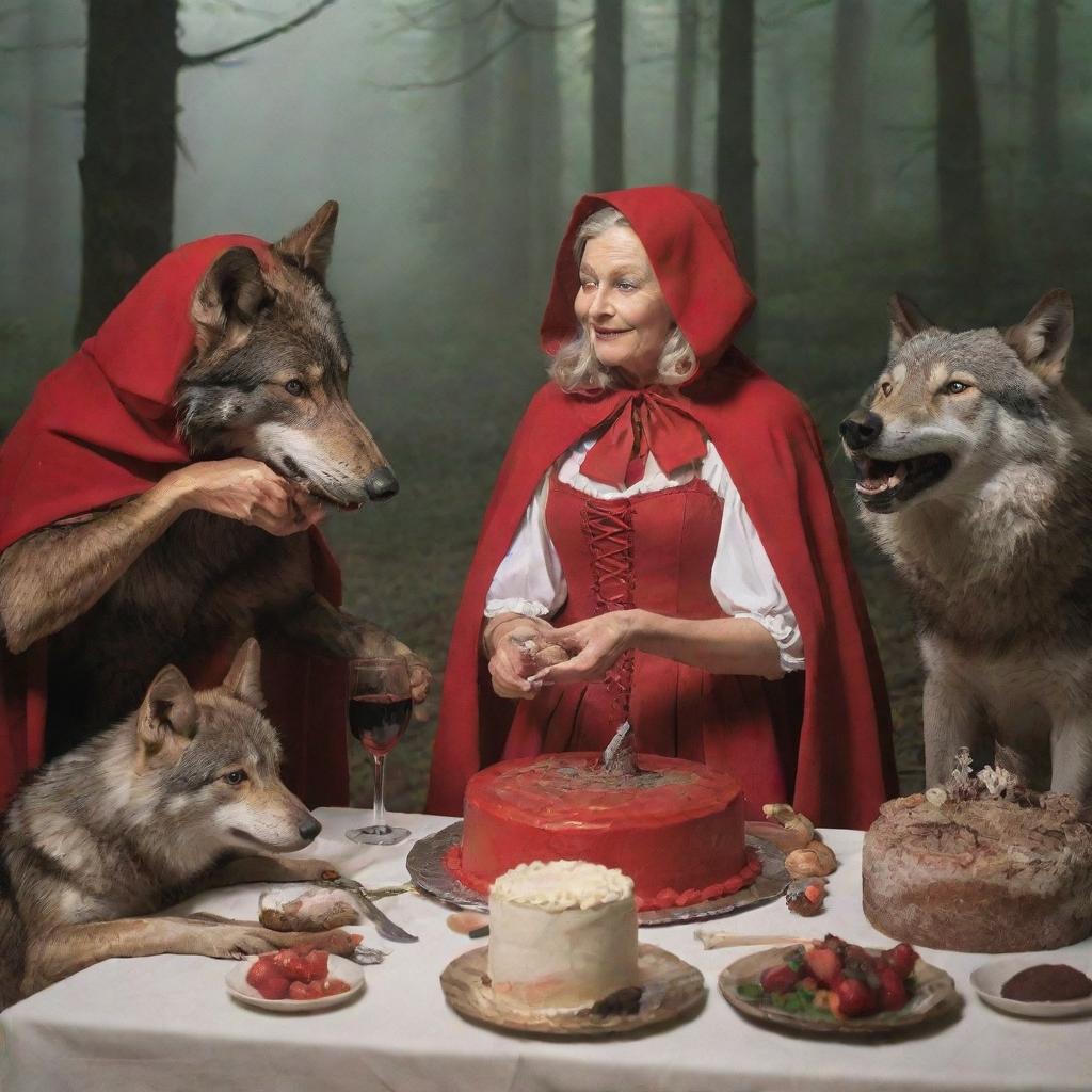 A triumphant scene capturing Little Red Riding Hood, her grandmother and the huntsman, reflecting on their adventure. The huntsman is seen with the wolf's skin and they all share a cake and wine while Little Red Riding Hood makes a solemn vow.