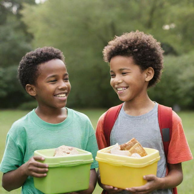 African American boy and Caucasian boy in a friendly exchange of food, emphasizing diversity, unity, and friendship. They are outdoors, both smiling, sharing from their respective lunchboxes.