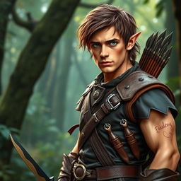 A rugged elf man from the woods, standing at a height of 1