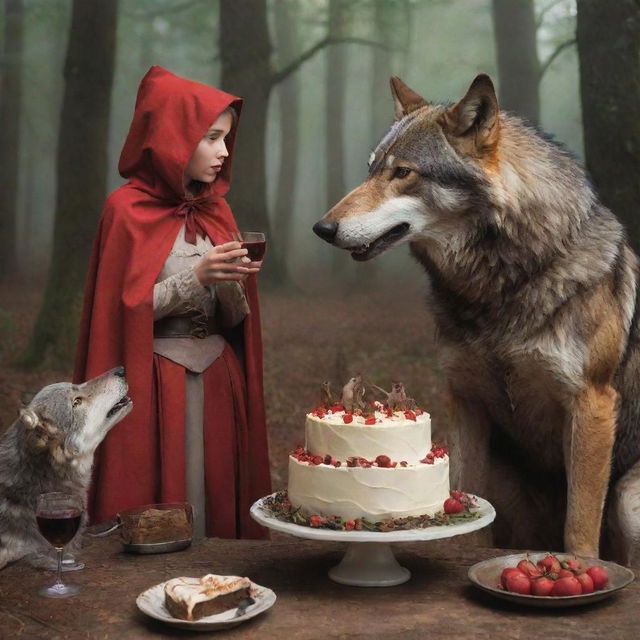 A triumphant scene capturing Little Red Riding Hood, her grandmother and the huntsman, reflecting on their adventure. The huntsman is seen with the wolf's skin and they all share a cake and wine while Little Red Riding Hood makes a solemn vow.