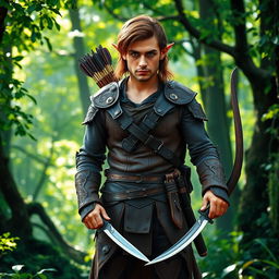 A full-body view of a rugged elf man from the woods, standing confidently at a height of 1