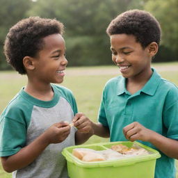 African American boy and Caucasian boy in a friendly exchange of food, emphasizing diversity, unity, and friendship. They are outdoors, both smiling, sharing from their respective lunchboxes.