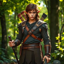 A full-body view of a rugged elf man from the woods, standing confidently at a height of 1