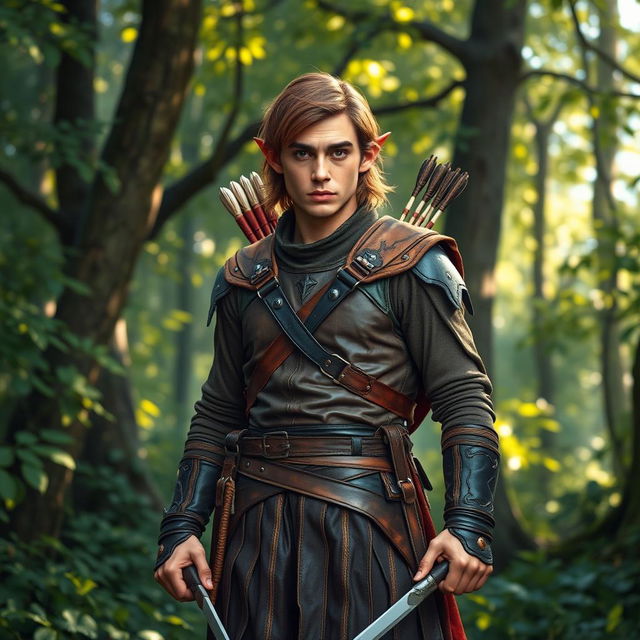 A full-body view of a rugged elf man from the woods, standing confidently at a height of 1