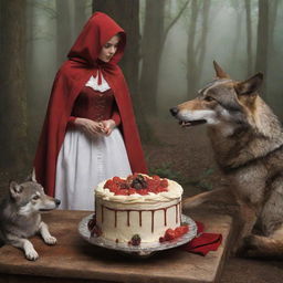 A triumphant scene capturing Little Red Riding Hood, her grandmother and the huntsman, reflecting on their adventure. The huntsman is seen with the wolf's skin and they all share a cake and wine while Little Red Riding Hood makes a solemn vow.