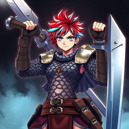 An agender human fighter striking a powerful pose, holding a massive greatsword aloft