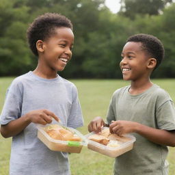 African American boy and Caucasian boy in a friendly exchange of food, emphasizing diversity, unity, and friendship. They are outdoors, both smiling, sharing from their respective lunchboxes.