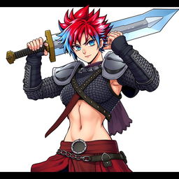 An agender human fighter striking a powerful pose, holding a massive greatsword aloft