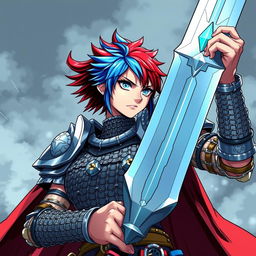 An agender human fighter striking a powerful pose, holding a massive greatsword aloft