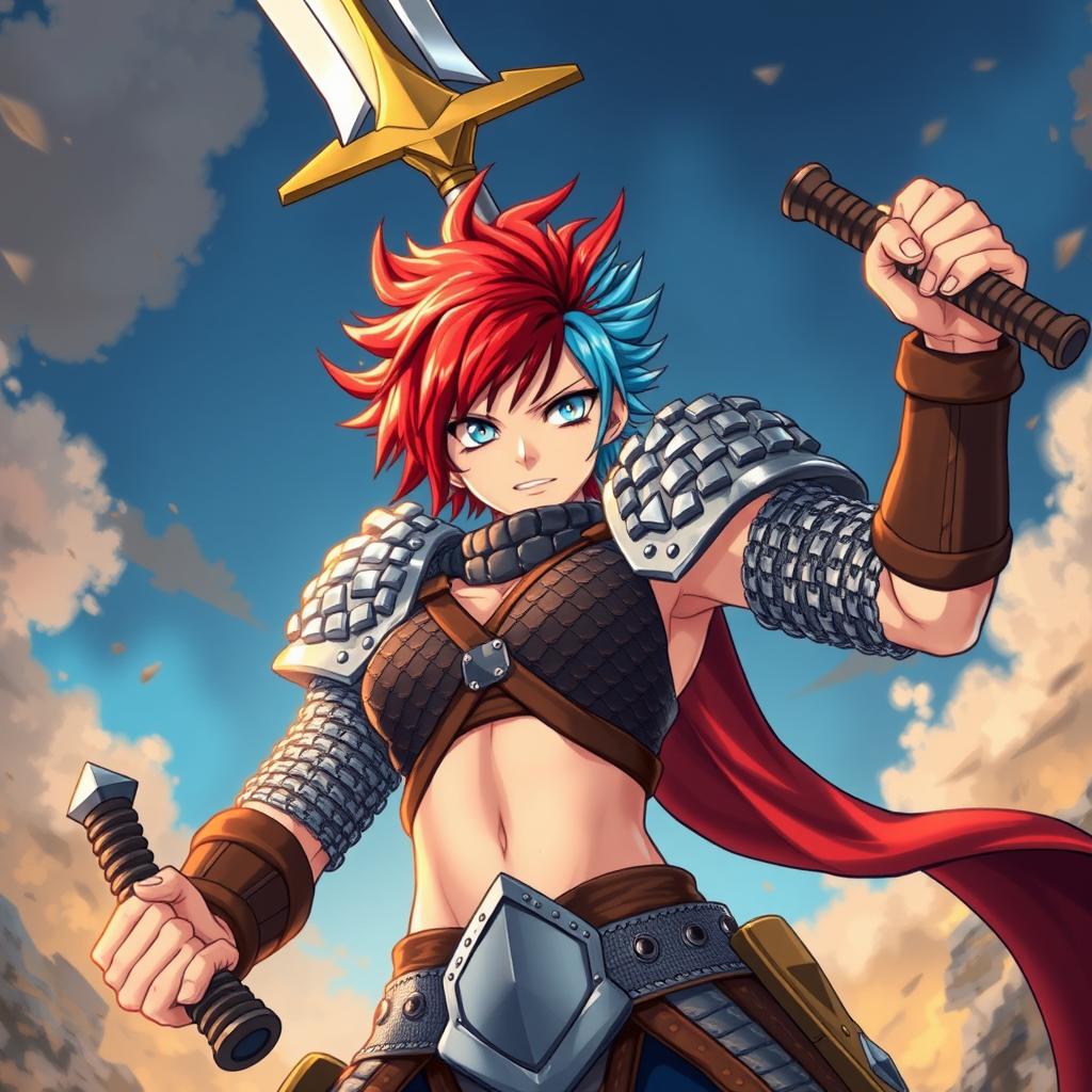 An agender human fighter striking a powerful pose, holding a massive greatsword aloft