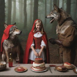 A triumphant scene capturing Little Red Riding Hood, her grandmother and the huntsman, reflecting on their adventure. The huntsman is seen with the wolf's skin and they all share a cake and wine while Little Red Riding Hood makes a solemn vow.