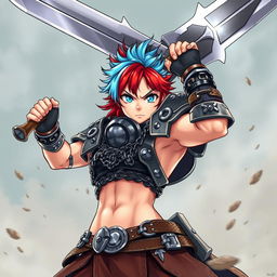 A formidable agender human fighter captured in a dynamic battle stance, brandishing a massive greatsword high above