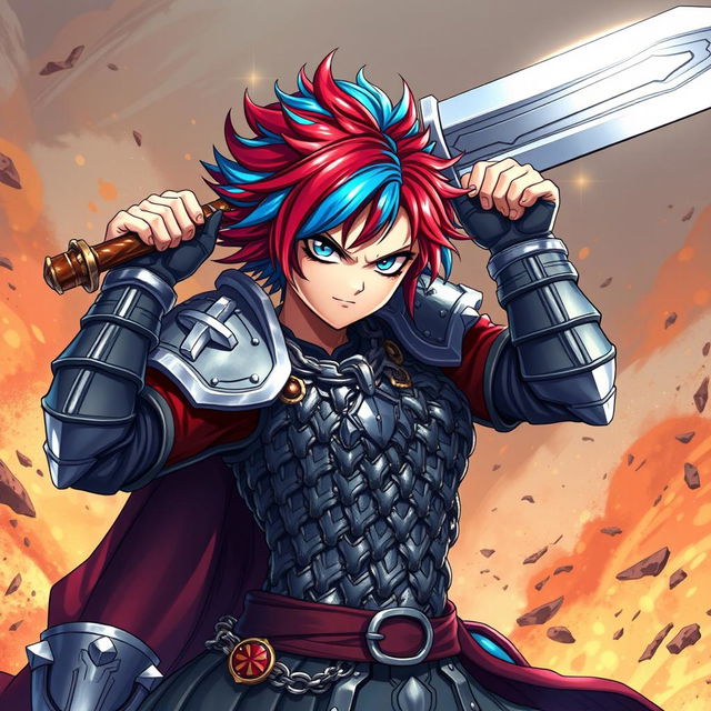 A formidable agender human fighter captured in a dynamic battle stance, brandishing a massive greatsword high above