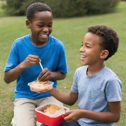 African American boy and Caucasian boy in a friendly exchange of food, emphasizing diversity, unity, and friendship. They are outdoors, both smiling, sharing from their respective lunchboxes.