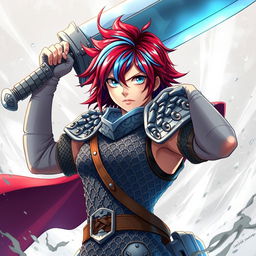 An agender human fighter striking a powerful pose, wielding a massive greatsword high above