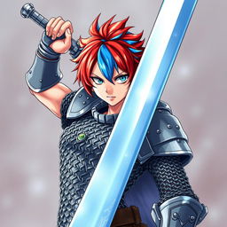 An agender human fighter striking a powerful pose, wielding a massive greatsword high above