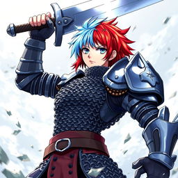 An agender human fighter striking a powerful pose, wielding a massive greatsword high above