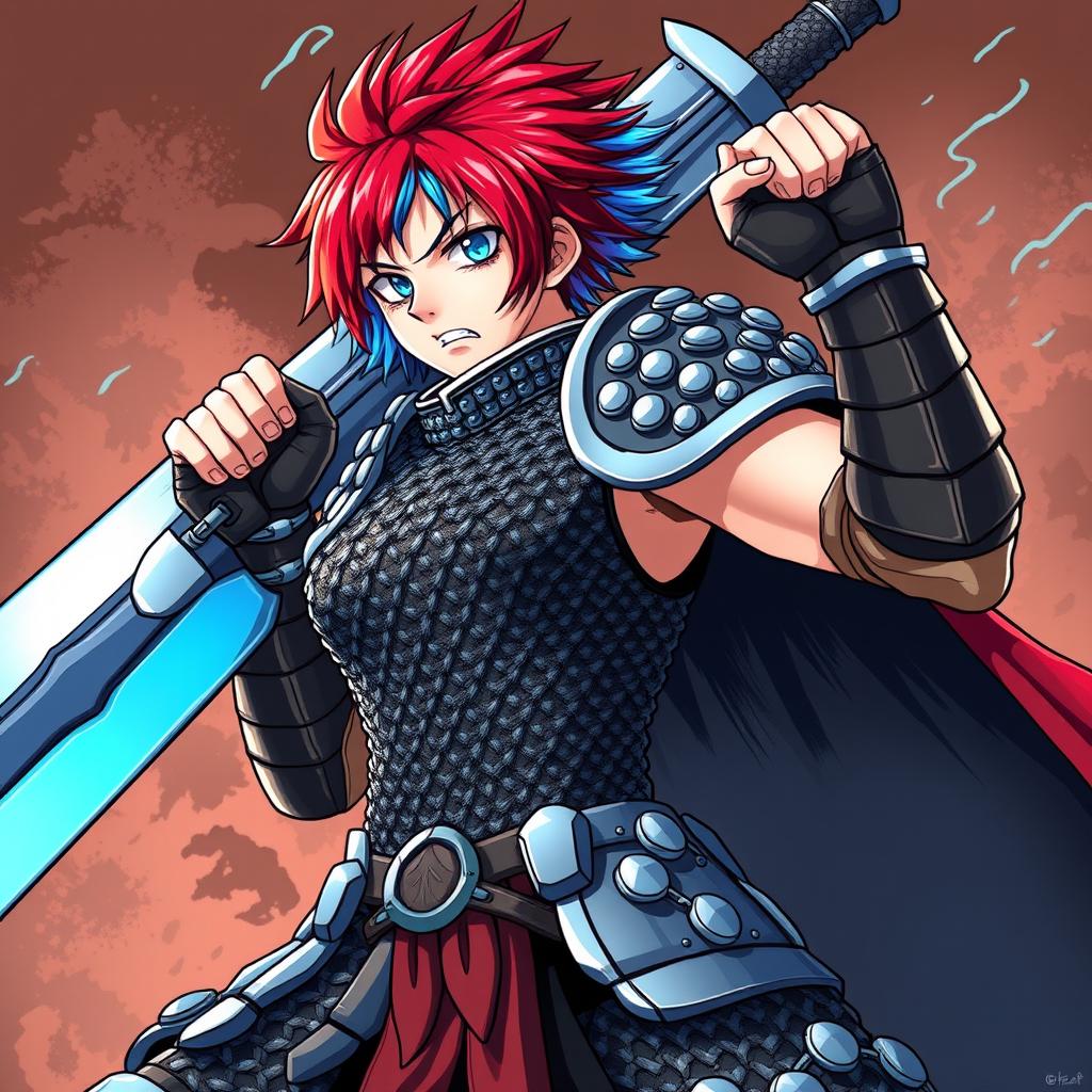 A fierce agender human fighter in a dramatic stance, wielding an enormous greatsword raised high