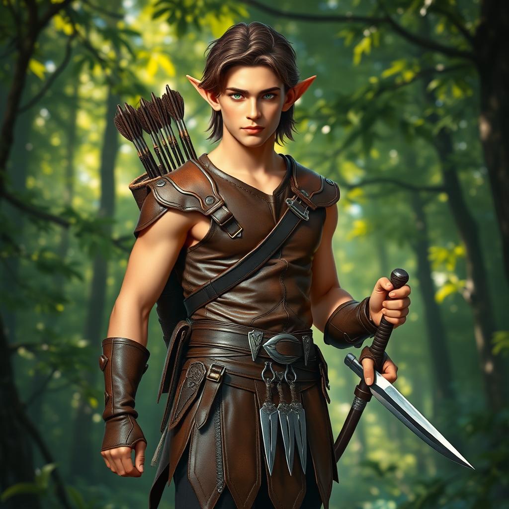 A full-body portrait of a male elf standing confidently in a lush forest