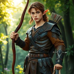 A full-body portrait of a male elf standing confidently in a lush forest