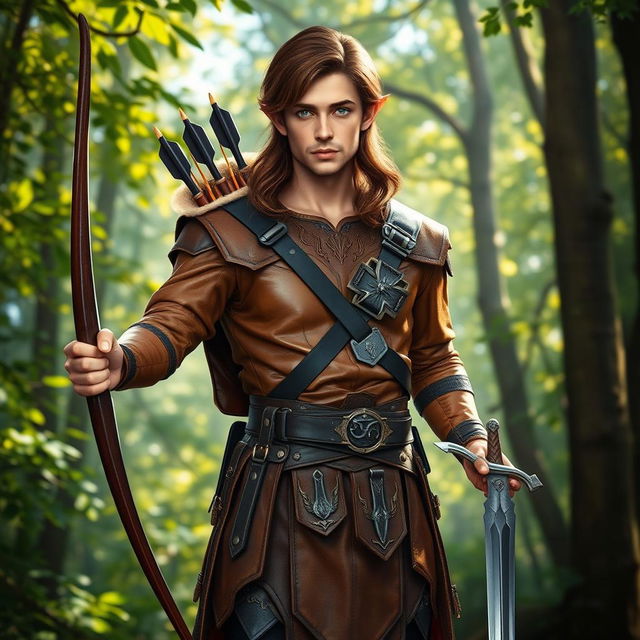 A full-body portrait of a male elf standing confidently in a lush forest