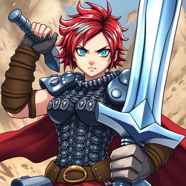 A powerful agender human fighter in an action-ready pose, wielding an enormous greatsword raised high