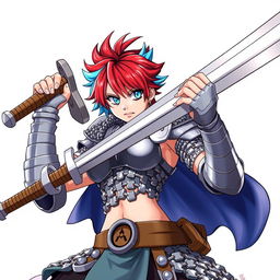 A powerful agender human fighter in an action-ready pose, wielding an enormous greatsword raised high