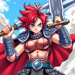 A powerful agender human fighter in an action-ready pose, wielding an enormous greatsword raised high